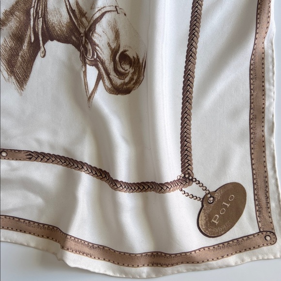 Polo Ralph Lauren Equestrian Silk Scarf Polo Horse Print Cream Brown - Picture 9 of 17